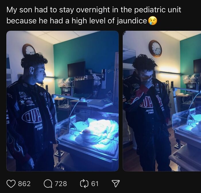 Man in a dark jacket standing beside a baby in a hospital incubator, showing concern and emotion for views.