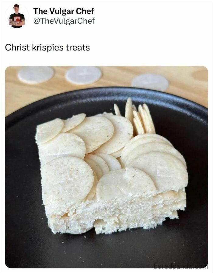 Unappetizing food resembling Rice Krispies treat made with white circular chips on a black plate, gross food example.