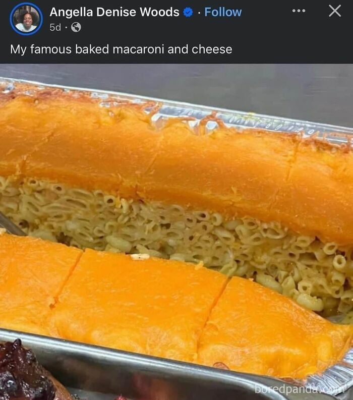 Baked macaroni and cheese in a foil tray, featured as one of the gross foods that might lose your appetite.