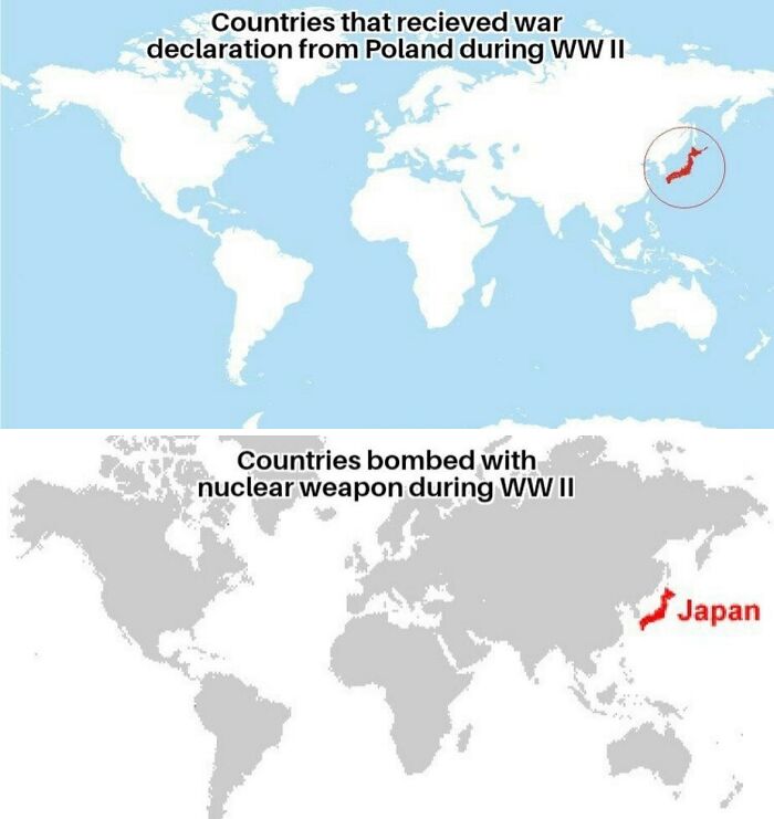 World maps showing countries involved in war declarations from Poland and nuclear bombings during World War II history memes.