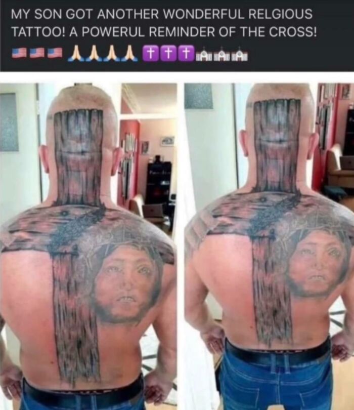 Man showing large religious tattoo of a cross and face on back, highlighting traumatizing the next generation theme.