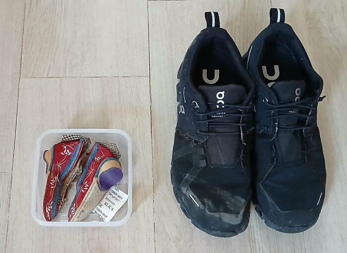 Comparison pic showing variety in shoe sizes with a pair of large black shoes next to tiny decorative shoes.