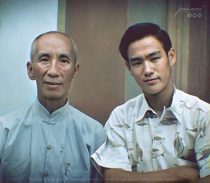Two men posing indoors in a colorized history pic showcasing interesting colorized history pics details and expressions