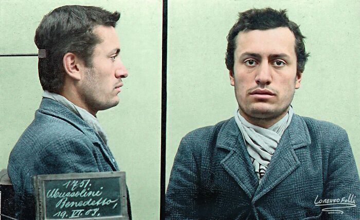 Colorized history pic of a man dressed in vintage clothing posing for a mugshot with front and side profile views.