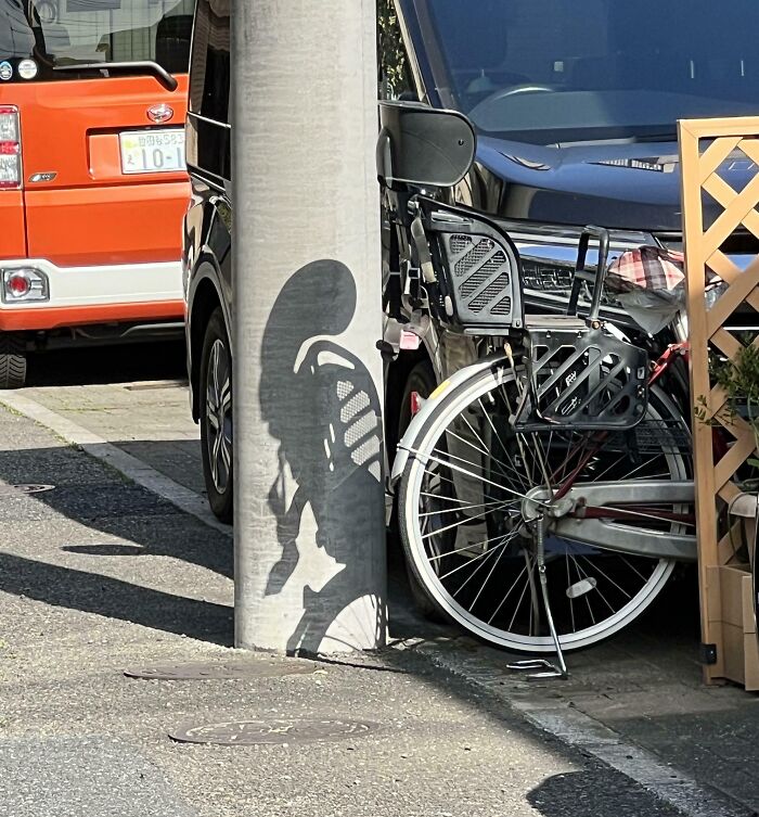 Shadow of a bicycle on a pole creating a cool, interesting and bizarre visual effect on a city street.