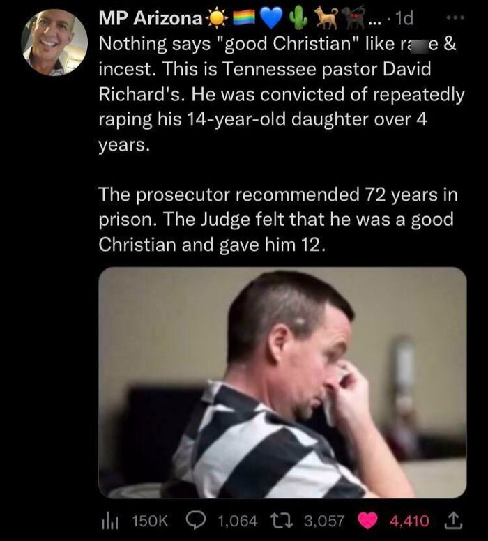 Tweet about a Tennessee pastor convicted of repeat a***e, highlighting trauma and injustice within a depressing social post.