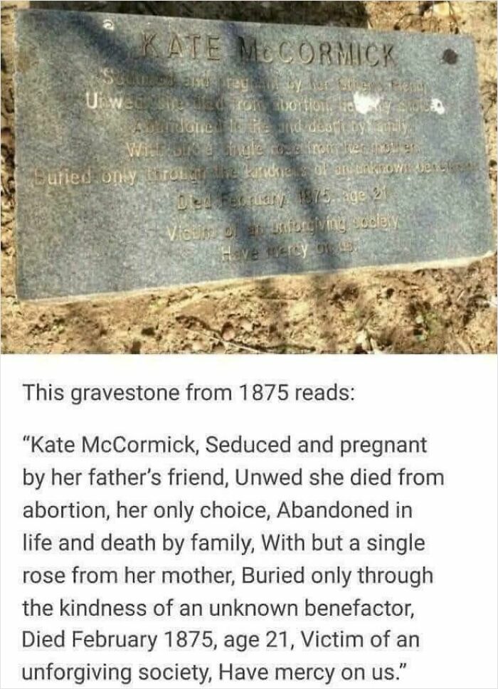 Gravestone from 1875 telling the story of Kate McCormick, highlighting trauma and abandonment by society and family.