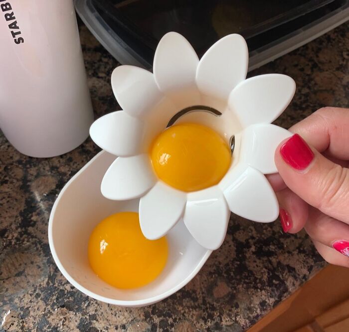 Egg yolk separator kitchen tool shaped like a flower, designed to tackle common cooking problems with ease.