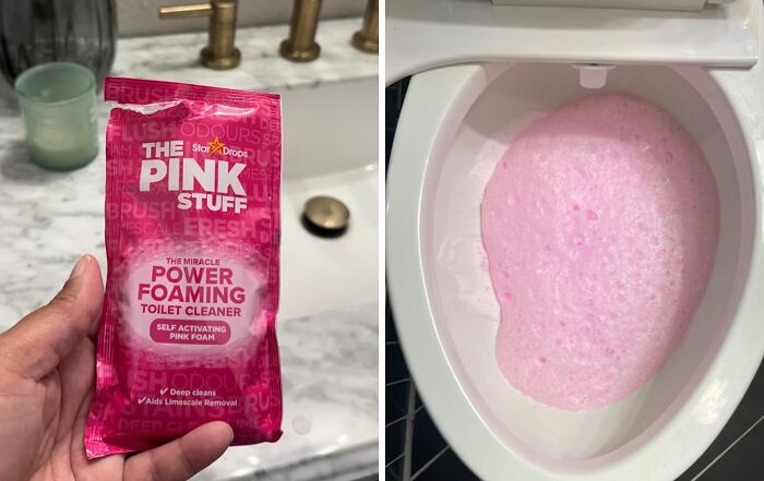 Pink Stuff power foaming toilet cleaner packet and pink foam in toilet bowl from Amazon's most wished for items.