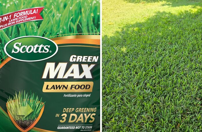 Scotts Green Max lawn food bag next to a healthy green backyard lawn for July 4th party must-haves.