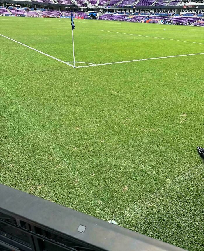 Soccer stadium corner flag on green grass field with visible comparison lines showing variety in grass texture.