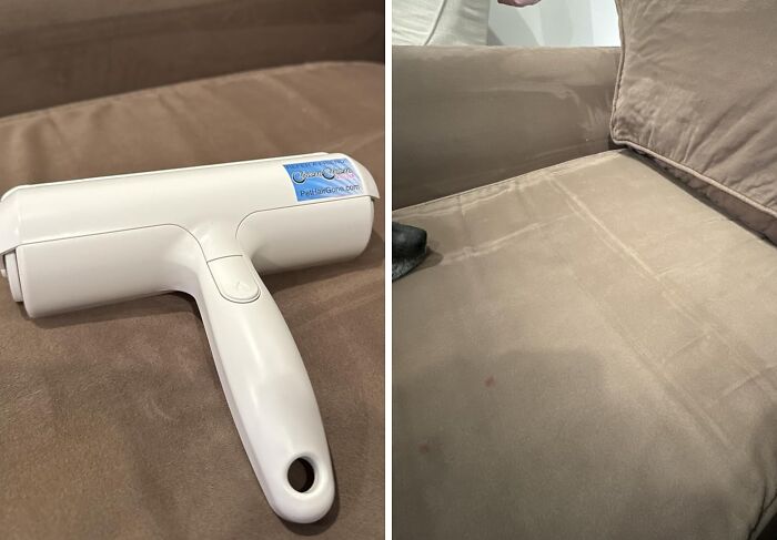 Portable fabric lint remover on a couch demonstrating a glow up of old inventions with modern cleaning technology.