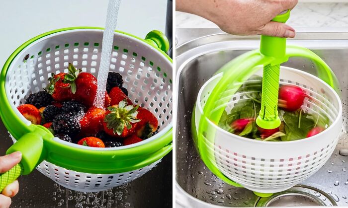 Old inventions glow up: modern salad spinner in use rinsing berries and vegetables in a kitchen sink.