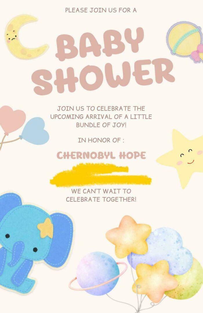 Baby shower invitation with cute stars, moon, elephant, and planets celebrating upcoming baby arrival.