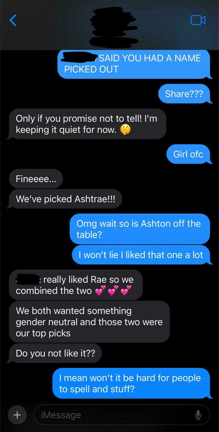 Text message conversation about choosing unique baby names and combining names for a gender neutral option, referencing baby names.