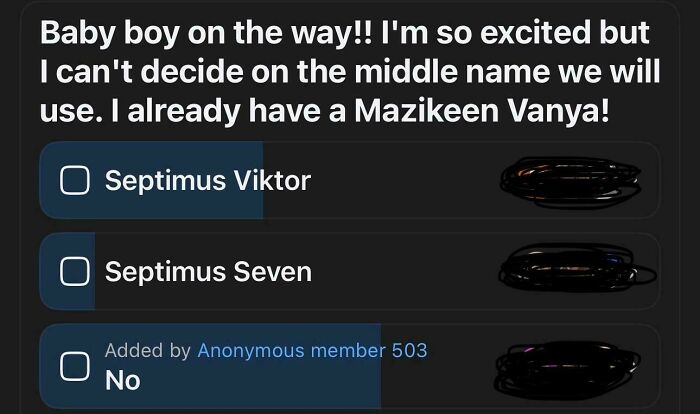 Poll showing parents debating unique baby boy middle names with votes, reflecting trends in unusual baby names discussion.