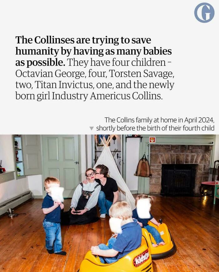 The Collins family with four children in a home setting, illustrating unique baby names loved by parents but judged by others.