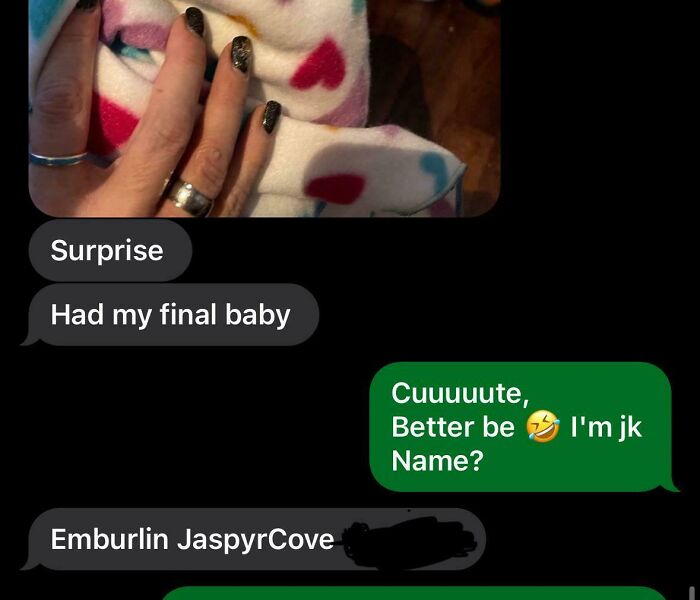 Close-up of hands holding a baby wrapped in heart-patterned blanket, text conversation about unusual baby names.