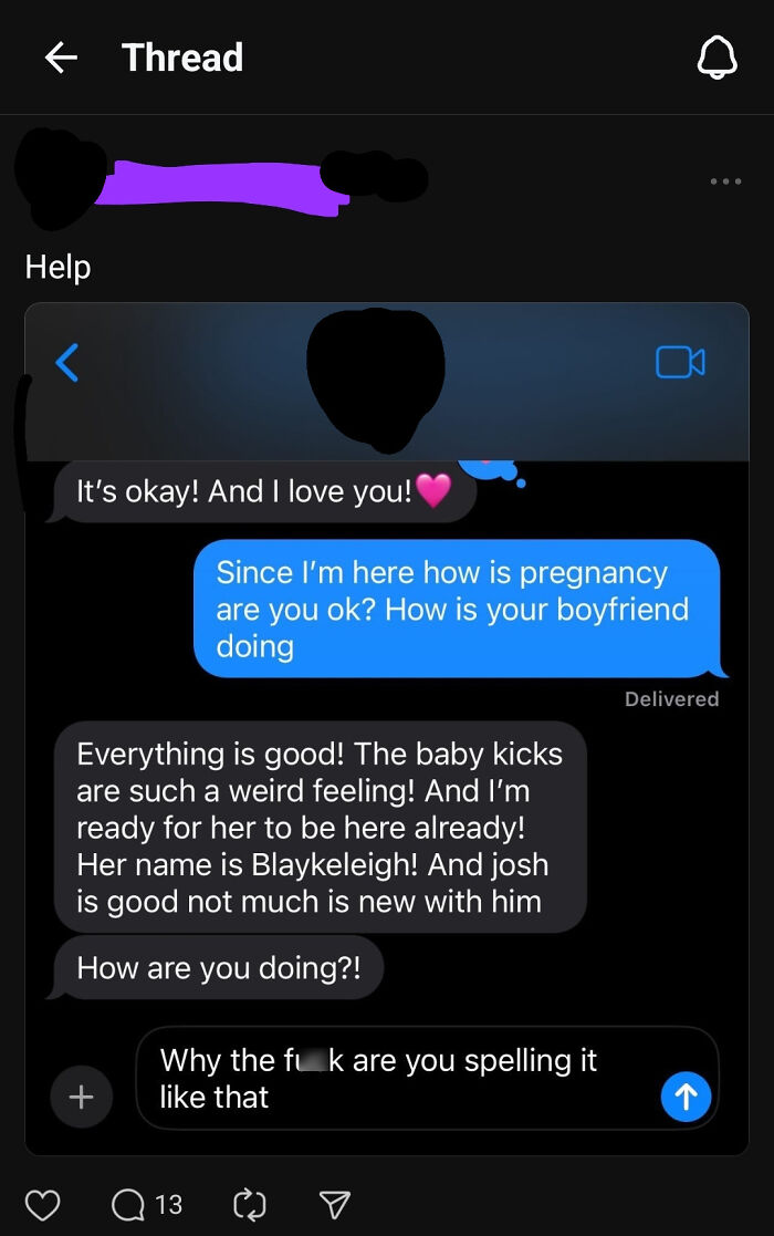 Text message exchange about pregnancy and baby kicks, highlighting a uniquely spelled baby name in a parents-loved but judged context.