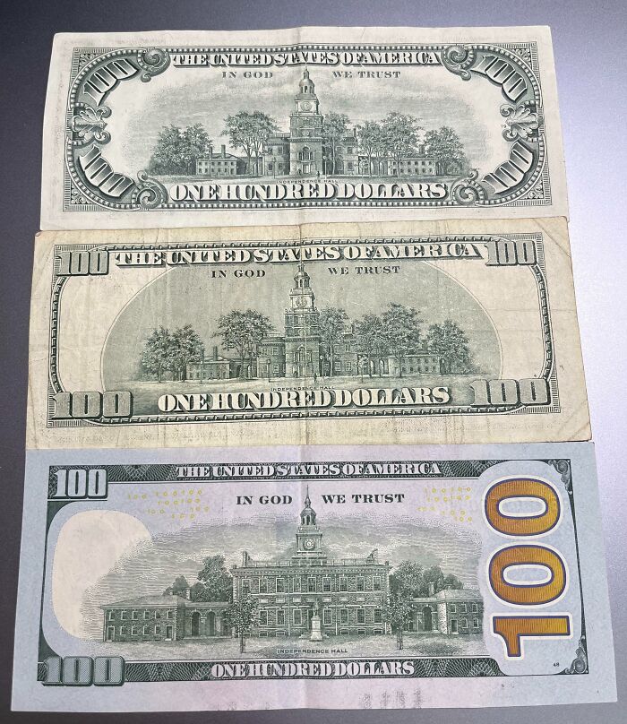 Three comparison pics of different US hundred dollar bills showing design variety and changes over time.