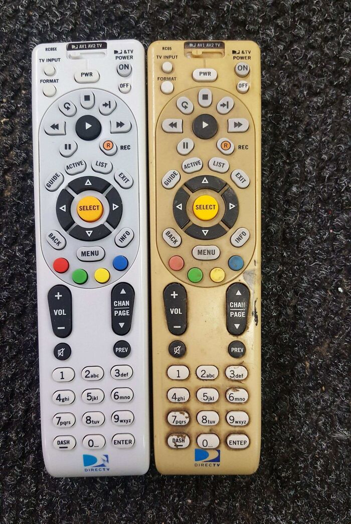 Comparison pics showing two DirecTV remotes side by side, highlighting variety in condition and color.