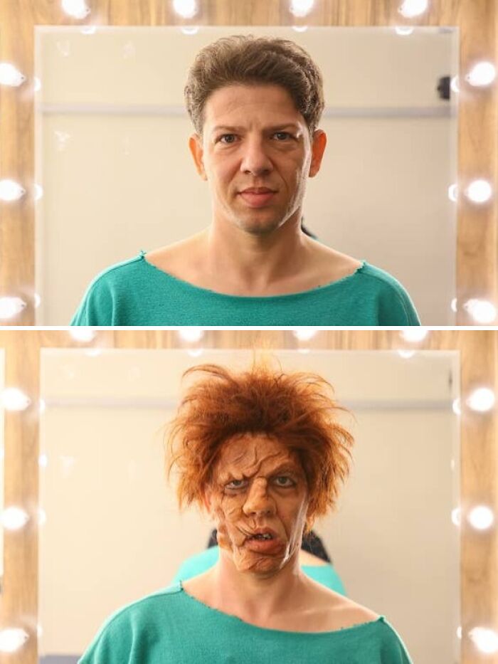 Side-by-side comparison pics of a person before and after applying detailed special effects makeup.
