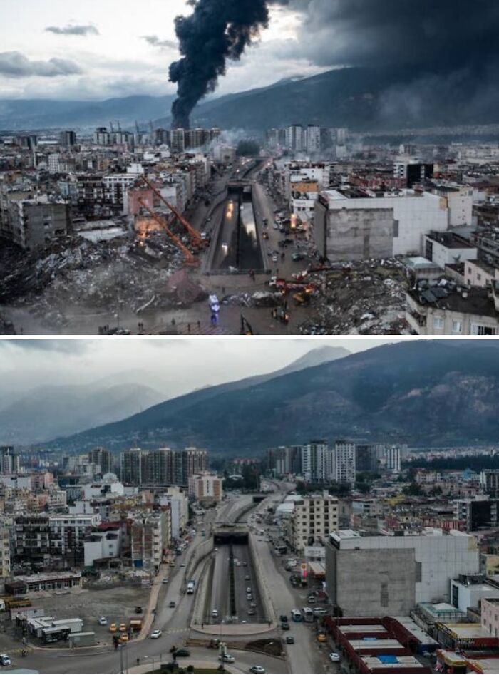 Comparison pics showing a city street before and after destruction and rebuilding, illustrating variety and change in life.