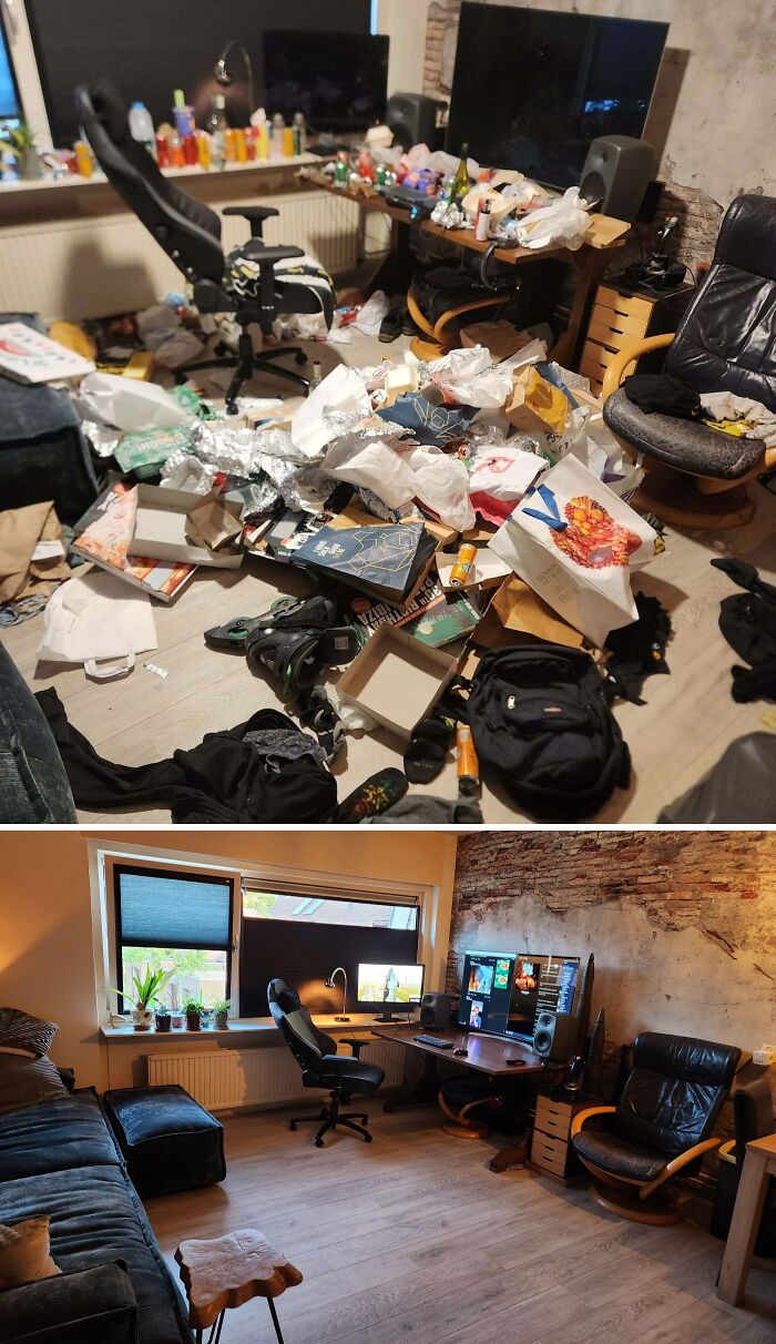 Comparison pics showing a cluttered messy room transformed into a clean and organized workspace with variety in decor and setup.