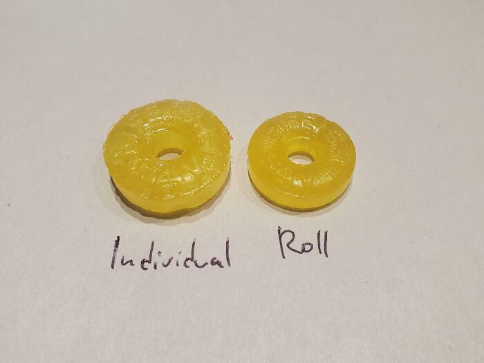 Two yellow candies side by side labeled individual and roll, showing fascinating comparison pics of variety.