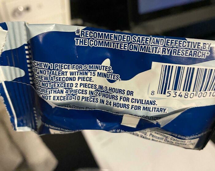 Close-up of chewing gum package with military research safety instructions in comparison pics collection.