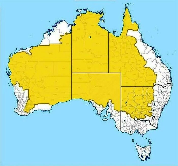 Map of Australia highlighting yellow regions illustrating fascinating and interesting internet content facts geographically.