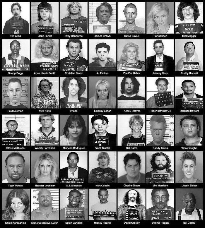 Collage of famous celebrities in mugshots showcasing the most fascinating content and interesting facts on the internet.