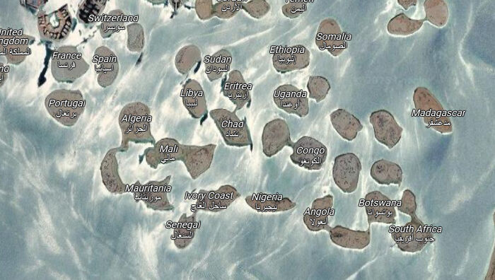 Satellite view of African countries with distorted shapes, showcasing unusual shenanigans captured on Google Maps.