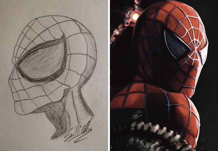 Side-by-side comparison of a pencil sketch and a digital art of Spider-Man showing variety in artistic styles.