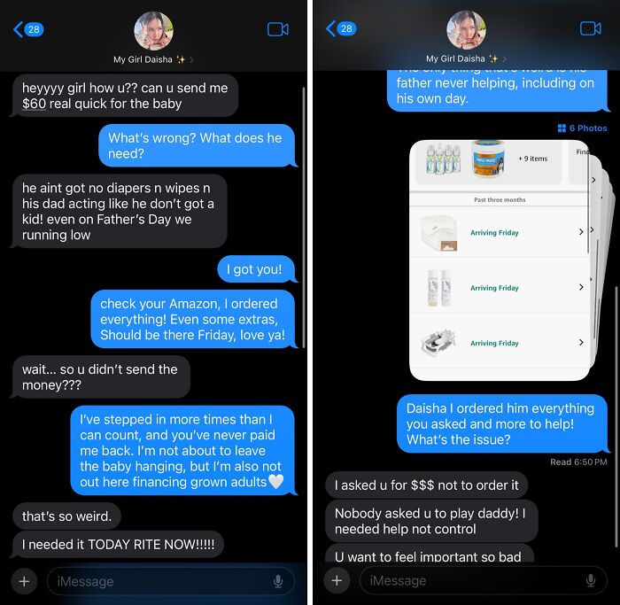 Text message exchange showing entitled single mom demanding money and refusing help despite items ordered online to cover baby needs.