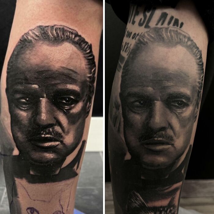 Side-by-side comparison of two black and grey realistic portrait tattoos showing variety in tattoo art styles.