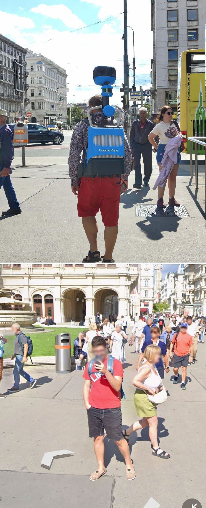 Person carrying Google Maps street view camera backpack on busy city street with pedestrians captured in Google Maps shenanigans.