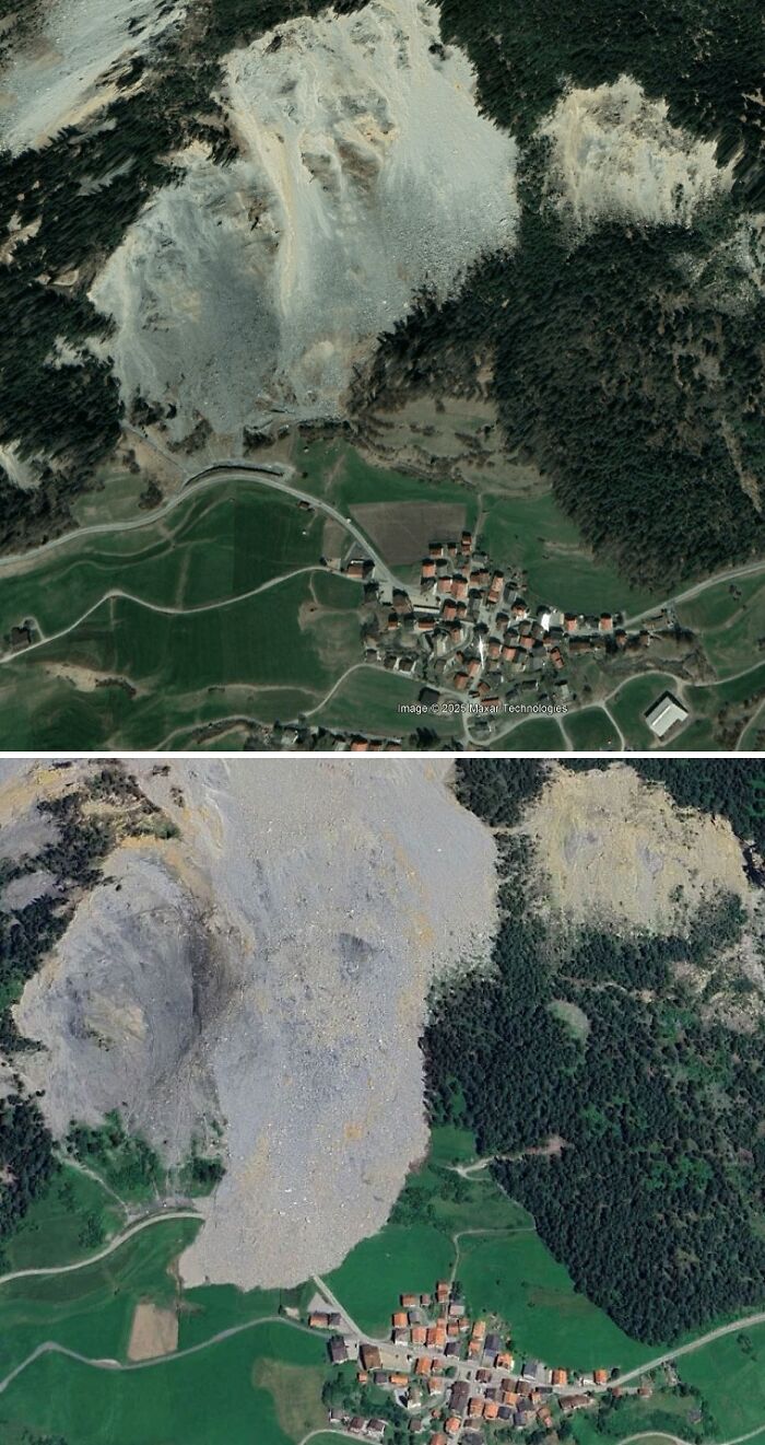 Aerial view capturing shenanigans on Google Maps showing a village affected by a large landslide with surrounding forest areas.