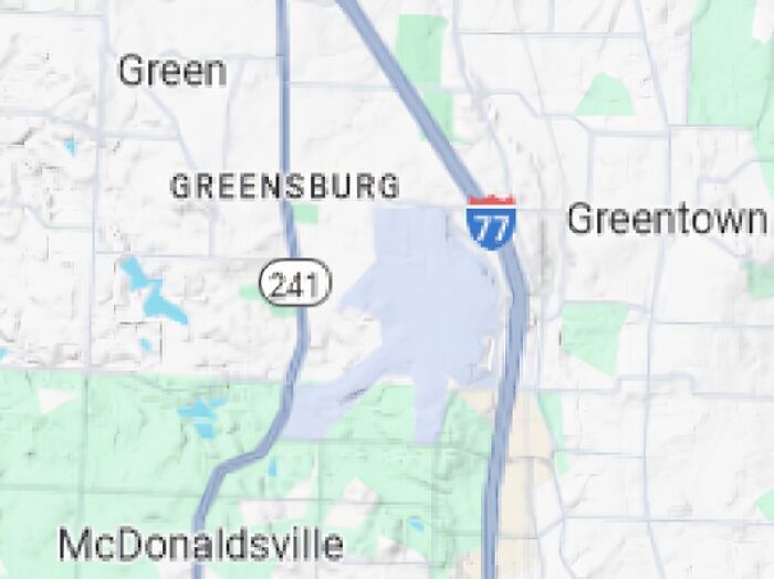 Map showing Greensburg and nearby areas with highway 77 and route 241, illustrating shenanigans captured on Google Maps.