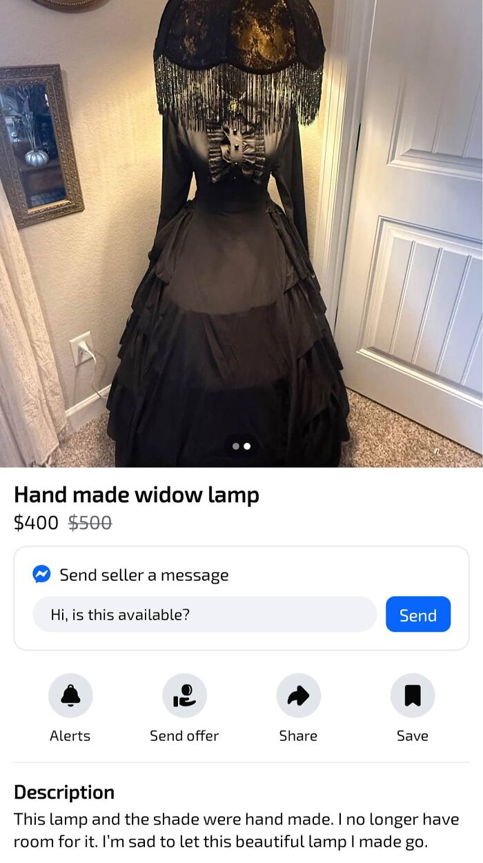 Handmade widow lamp craft project featuring a black Victorian-style dress shade with intricate details.