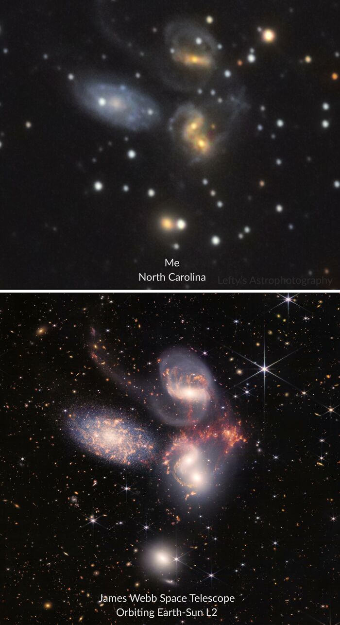 Comparison pics showing galaxy group images from North Carolina telescope versus James Webb Space Telescope, highlighting variety in space.