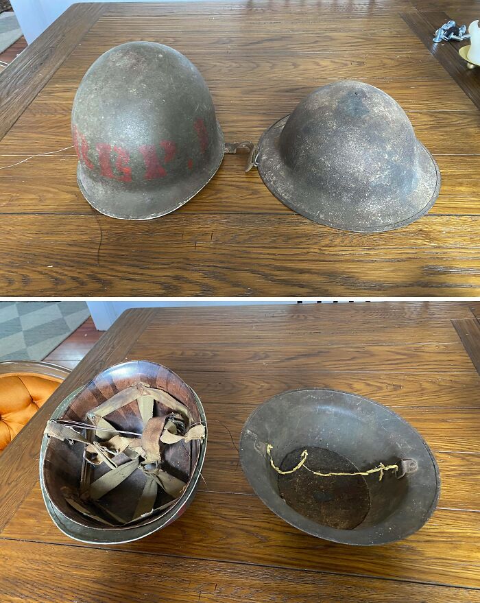 Comparison pics showing variety in two different vintage military helmets on a wooden table surface.