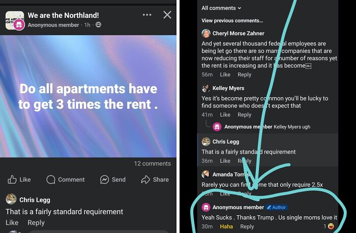 Social media post discussing rent requirements and comments about entitled single moms not paying for anything.
