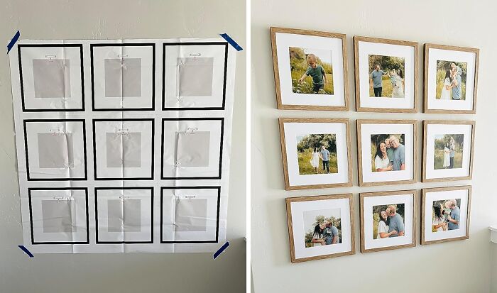 Wall photo grid templates and framed pictures arranged neatly to hide home uglies with stylish decor solutions.