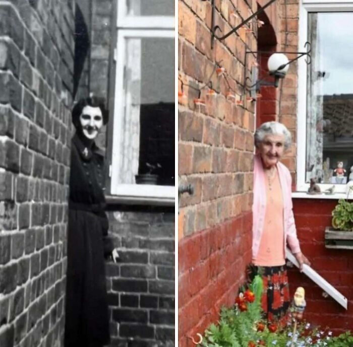 Side-by-side photos of a woman by a brick wall, showing changes over time, illustrating weird things about history.
