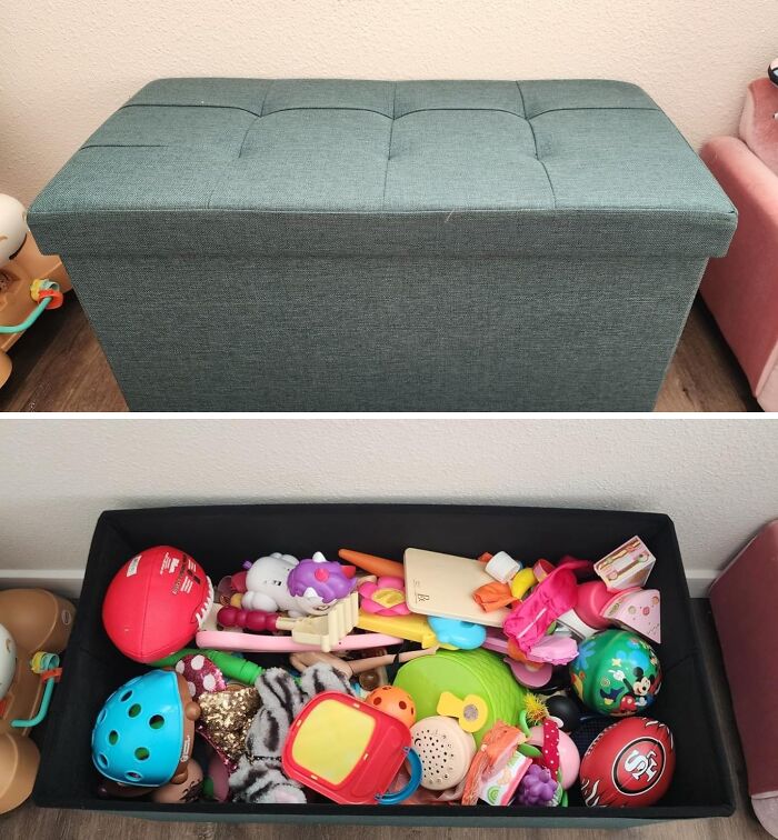 Fabric storage bench showing hidden toys inside, perfect for hiding home uglies and keeping spaces organized and tidy.