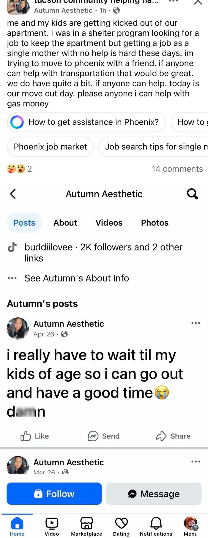 Facebook post from an entitled single mom asking for help with transportation and gas money amid a housing struggle.