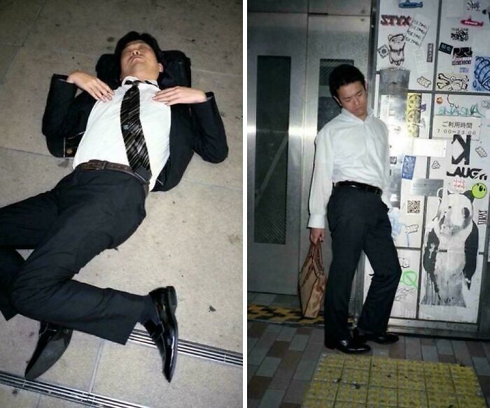 Man in formal attire lying on pavement and standing near graffiti-covered elevator door in fascinating internet content images