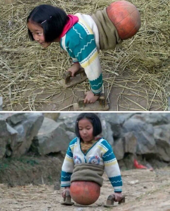 Child with a basketball supporting their body on wooden handles, showcasing one of the most fascinating content on the internet.