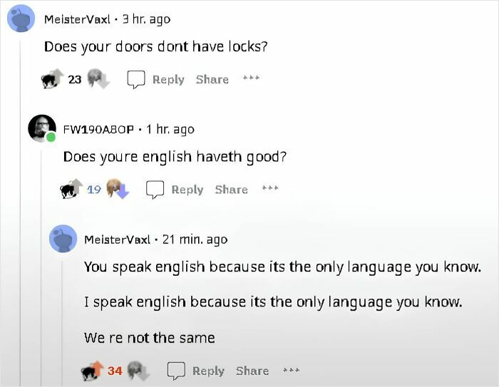 Screenshot of an online comment thread where users deliver epic burns through witty English language comebacks.
